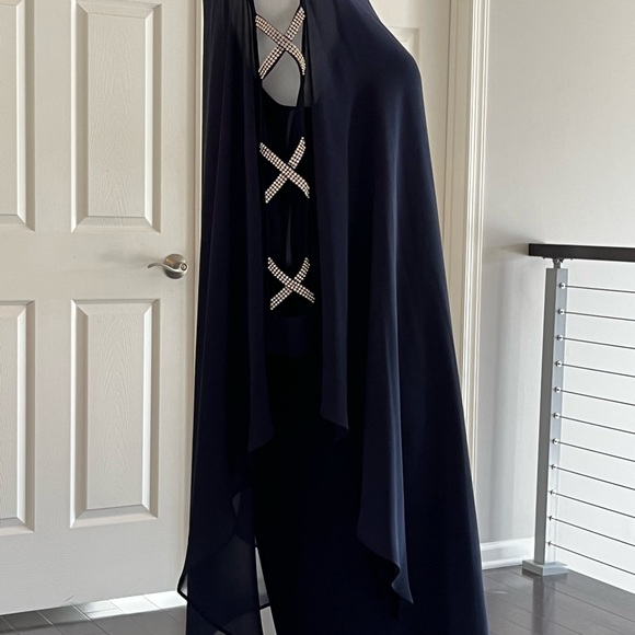 NWT Xscape Navy Blue Sheer Cape Rhinestone Cut-out Cocktail Gown Dress - Picture 11 of 13